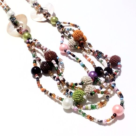 Boho Inspired Multi Color Seed Bead and Mother of Pearl Multi Strand Necklace - Picture 5 of 6